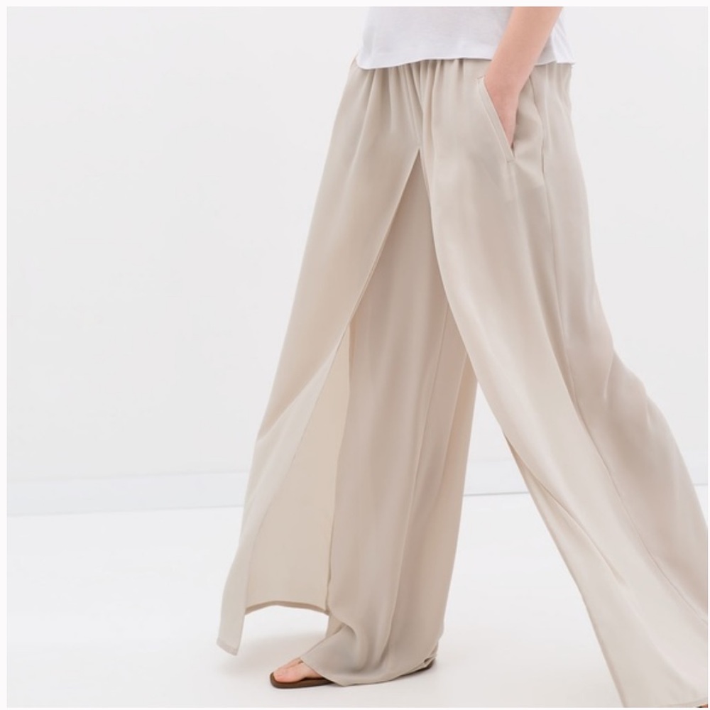 Zara Flowy High Waist Wide Leg Pants w/ Side Slits Black Size S NEW